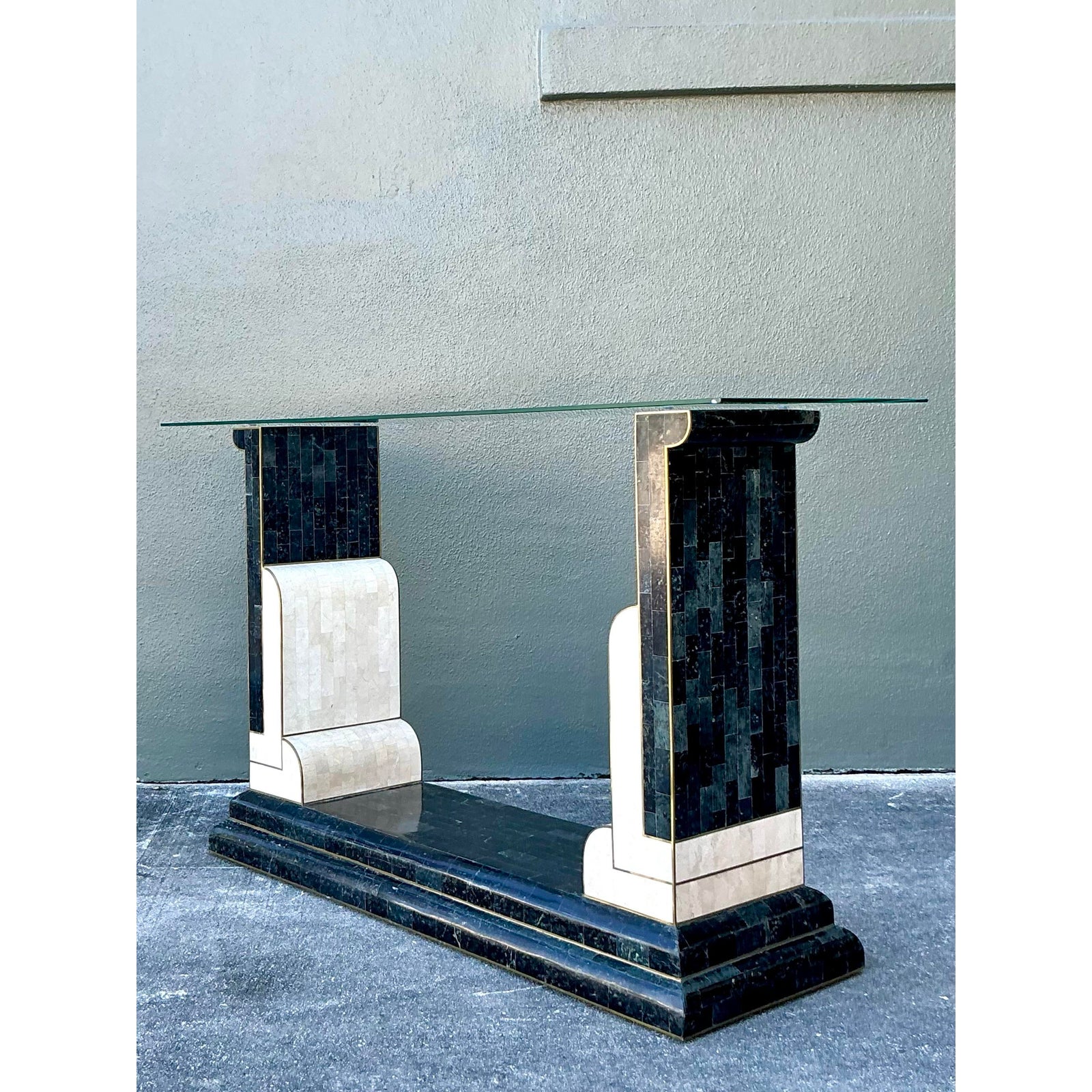Vintage Boho Tessellated Stone and Brass Inlay Console Table - Top view