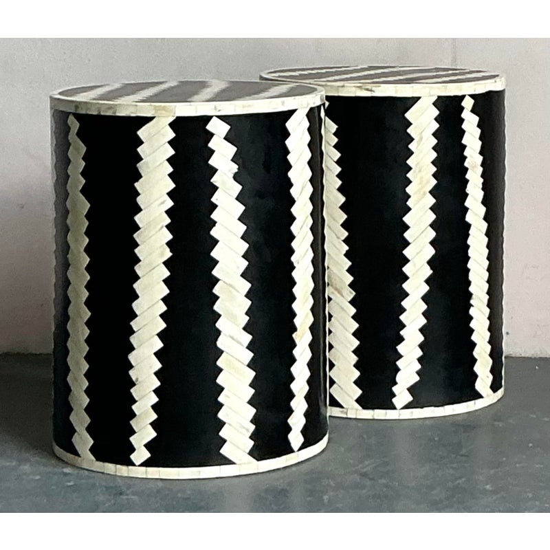 Vintage Boho Tessellated Bone Low Stools - A Pair - Back view