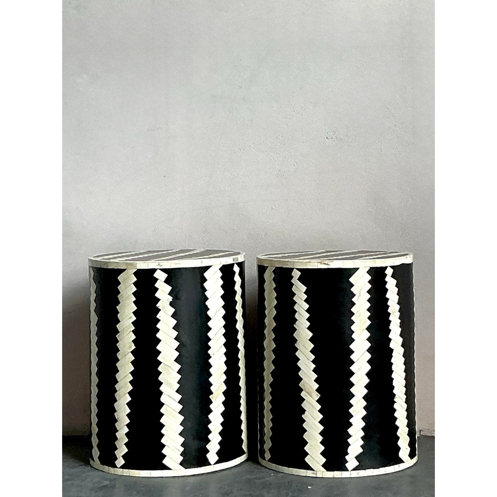 Vintage Boho Tessellated Bone Low Stools - A Pair - Side view