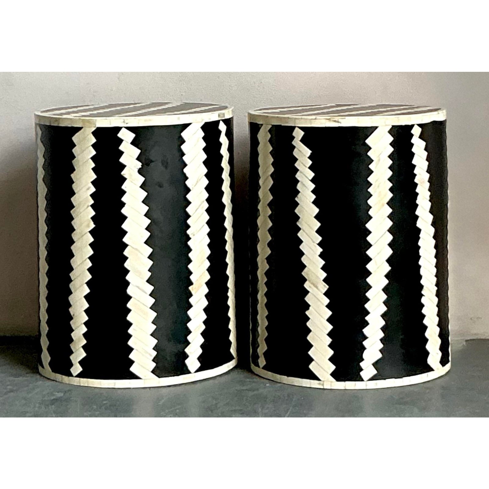 Vintage Boho Tessellated Bone Low Stools - A Pair - Detail view