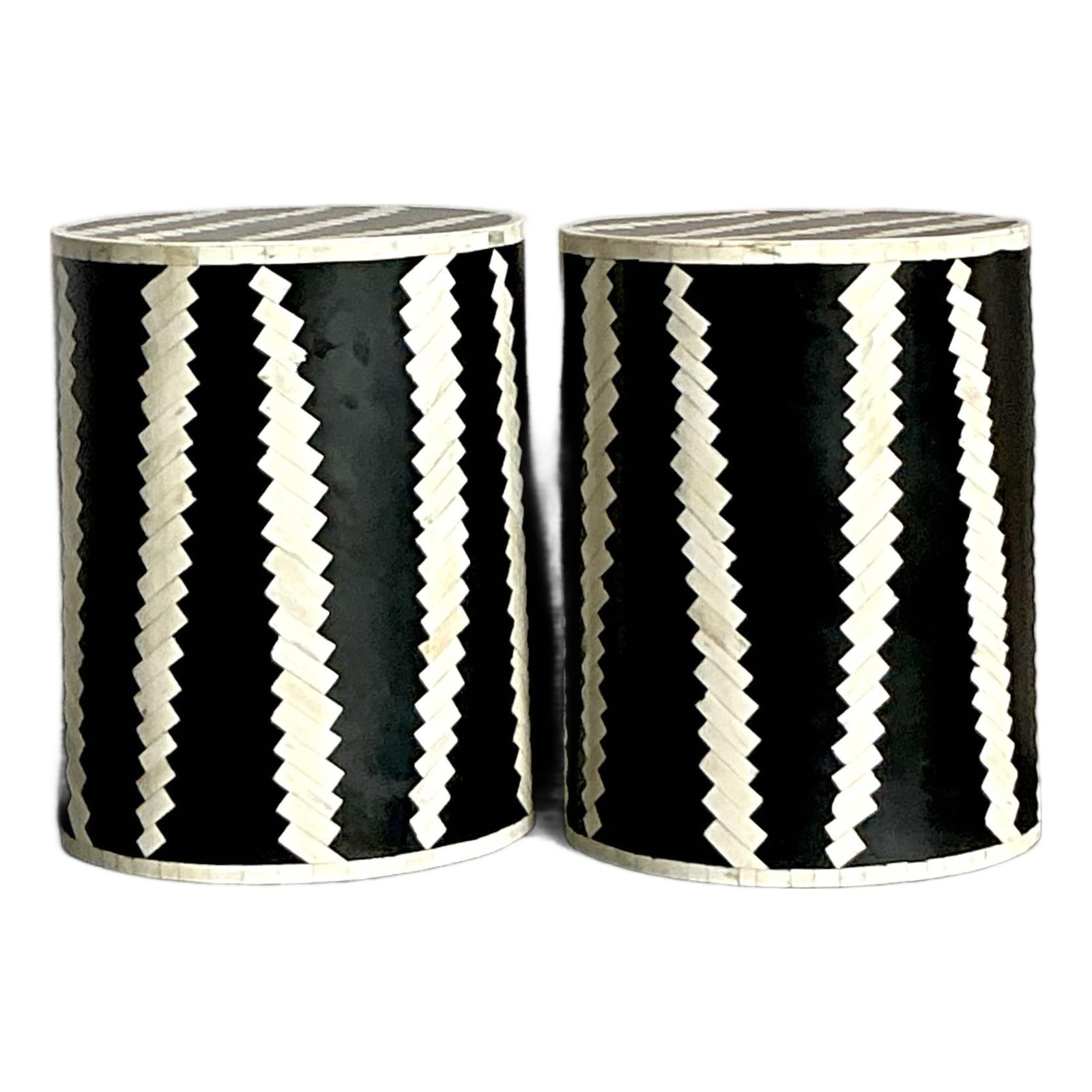 Vintage Boho Tessellated Bone Low Stools - A Pair
