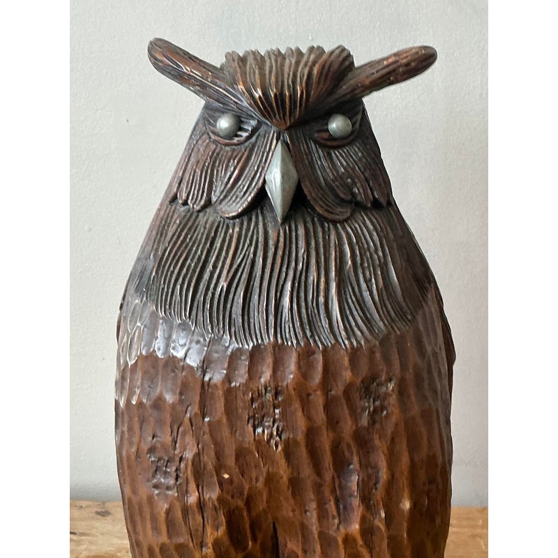 Vintage Boho Carved Wooden Owl - Top view