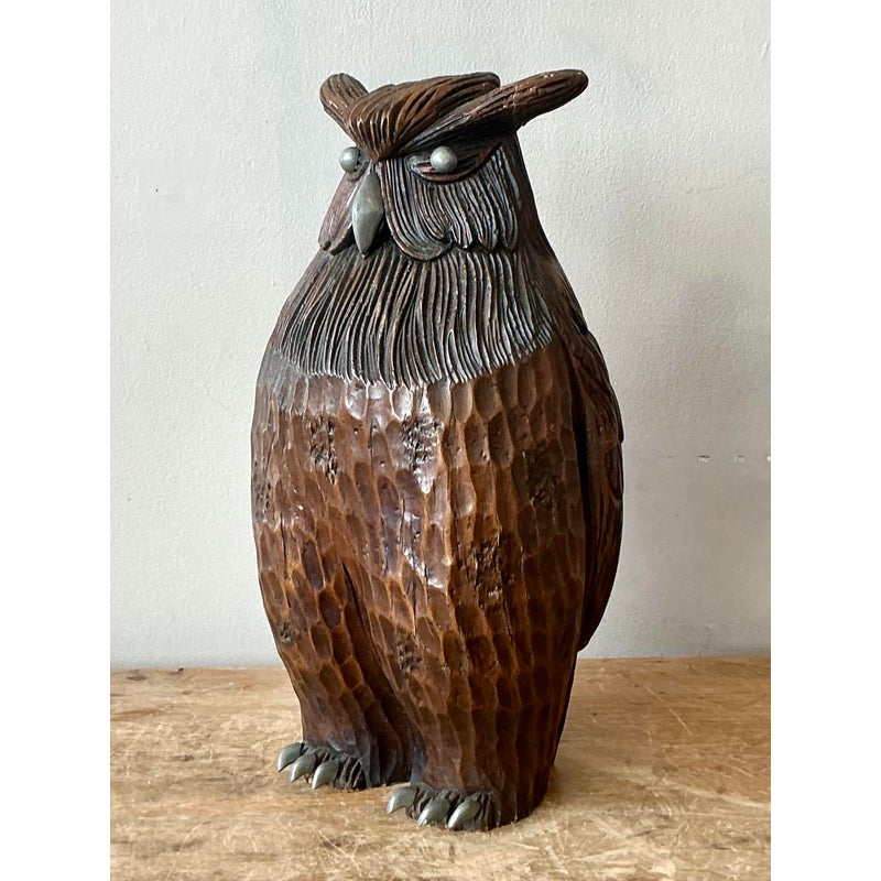 Vintage Boho Carved Wooden Owl - Back view