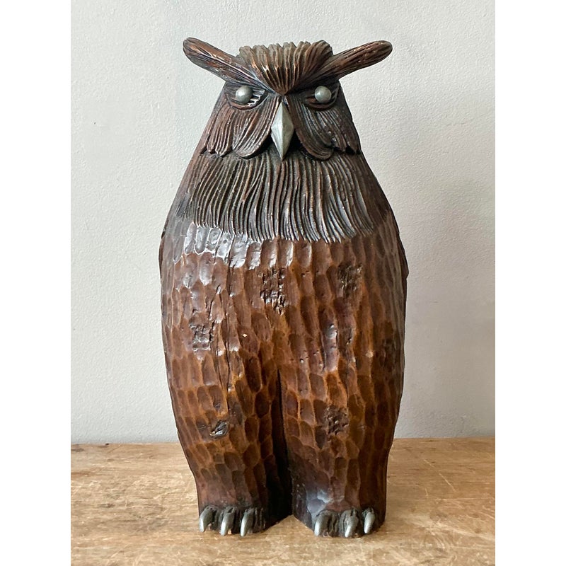 Vintage Boho Carved Wooden Owl - Detail view