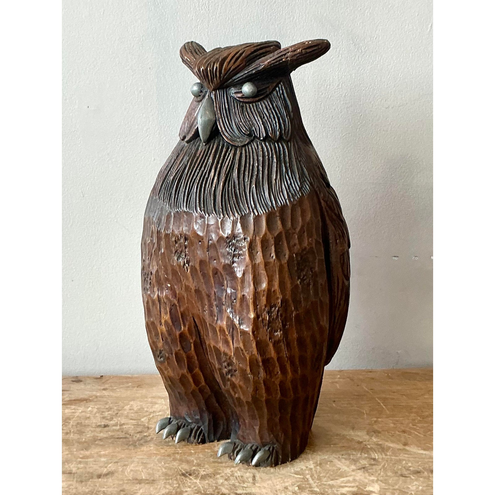 Vintage Boho Carved Wooden Owl - Side view