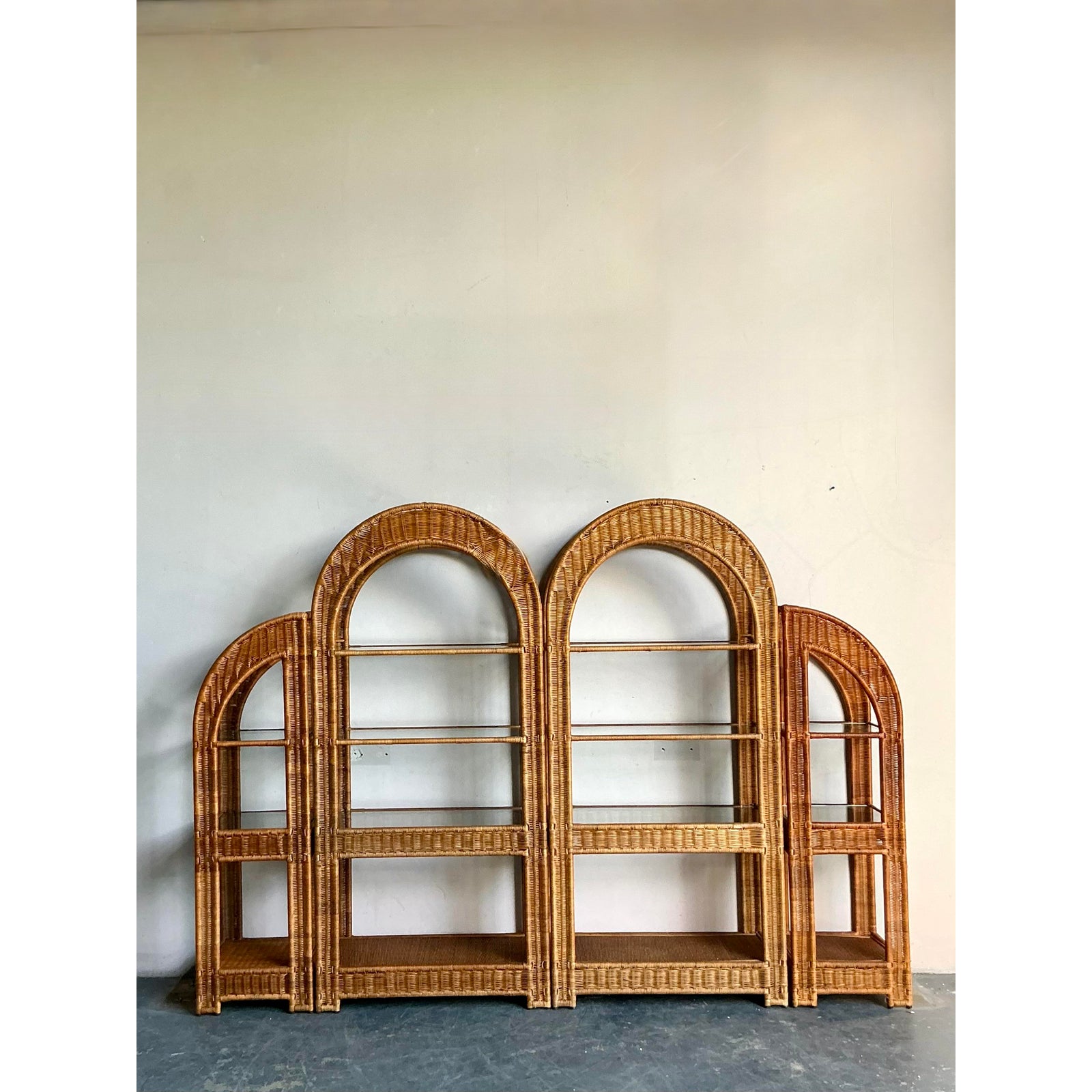 Vintage Boho Arched Rattan Etagere - Back view