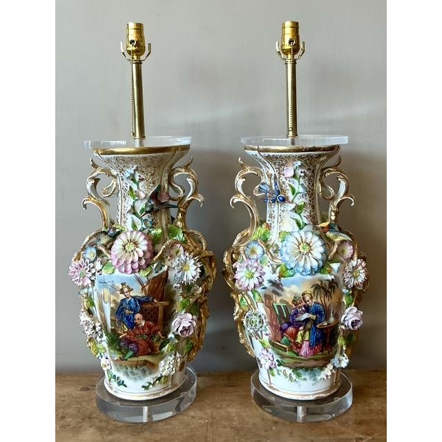 Vintage Regency French Porcelain Chinoiserie Lamps - A Pair - Side view