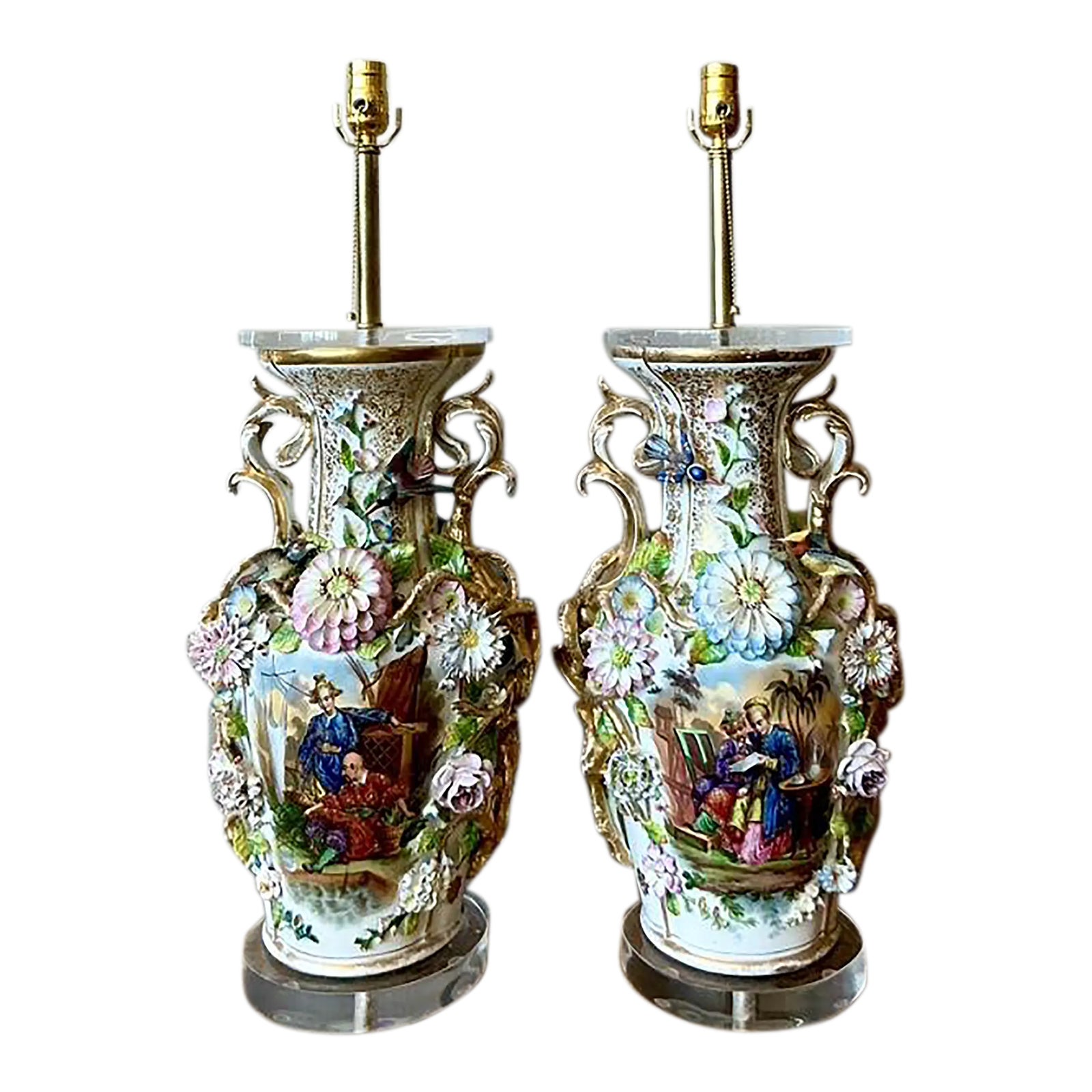 Vintage Regency French Porcelain Chinoiserie Lamps - A Pair