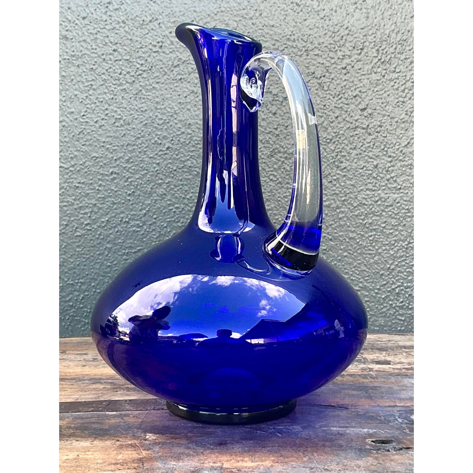 Vintage Boho Signed Blue Art Glass Pitcher - Detail view