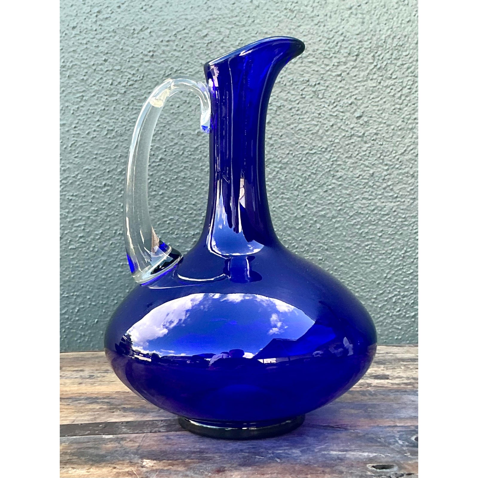 Vintage Boho Signed Blue Art Glass Pitcher - Side view