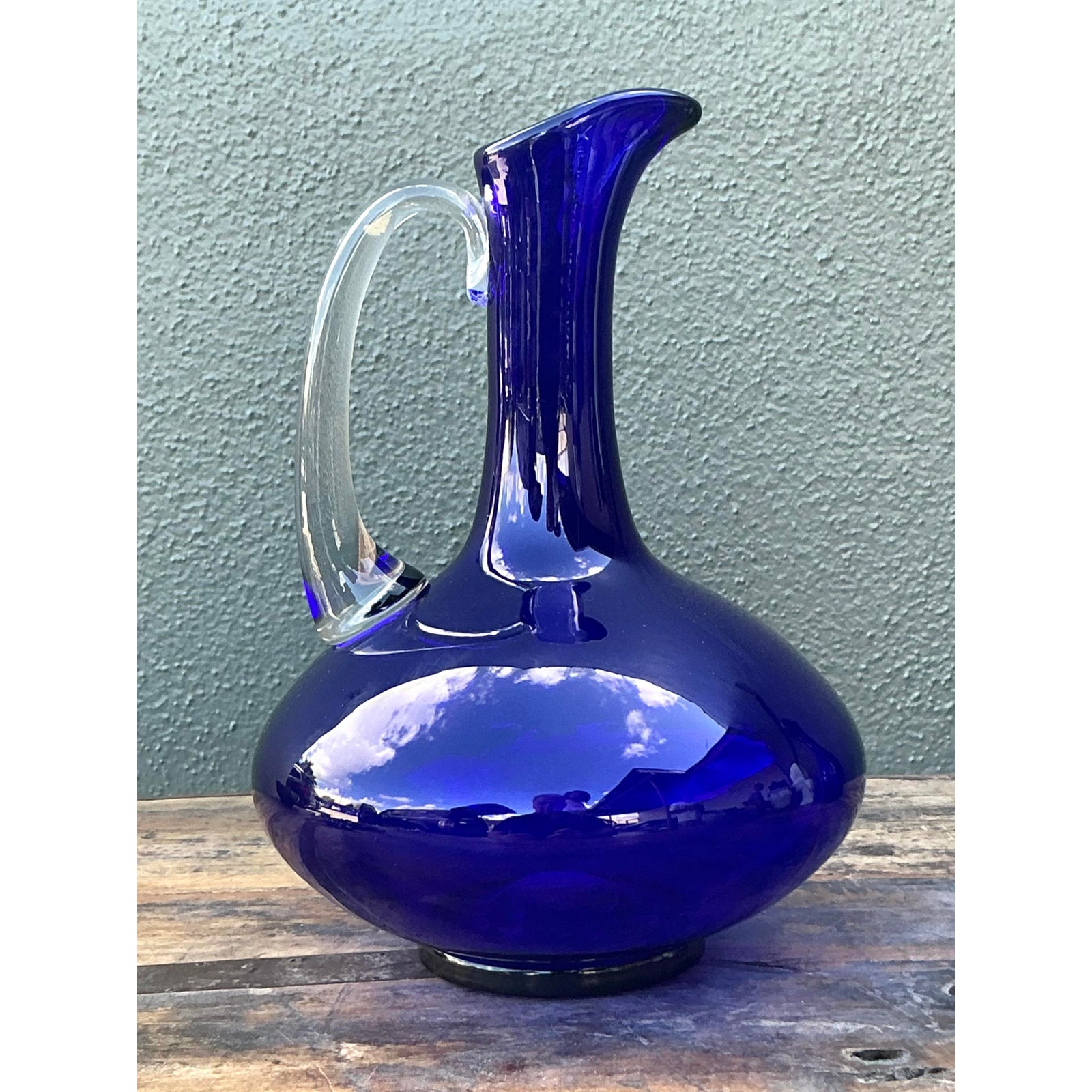 Vintage Boho Signed Blue Art Glass Pitcher - Back view