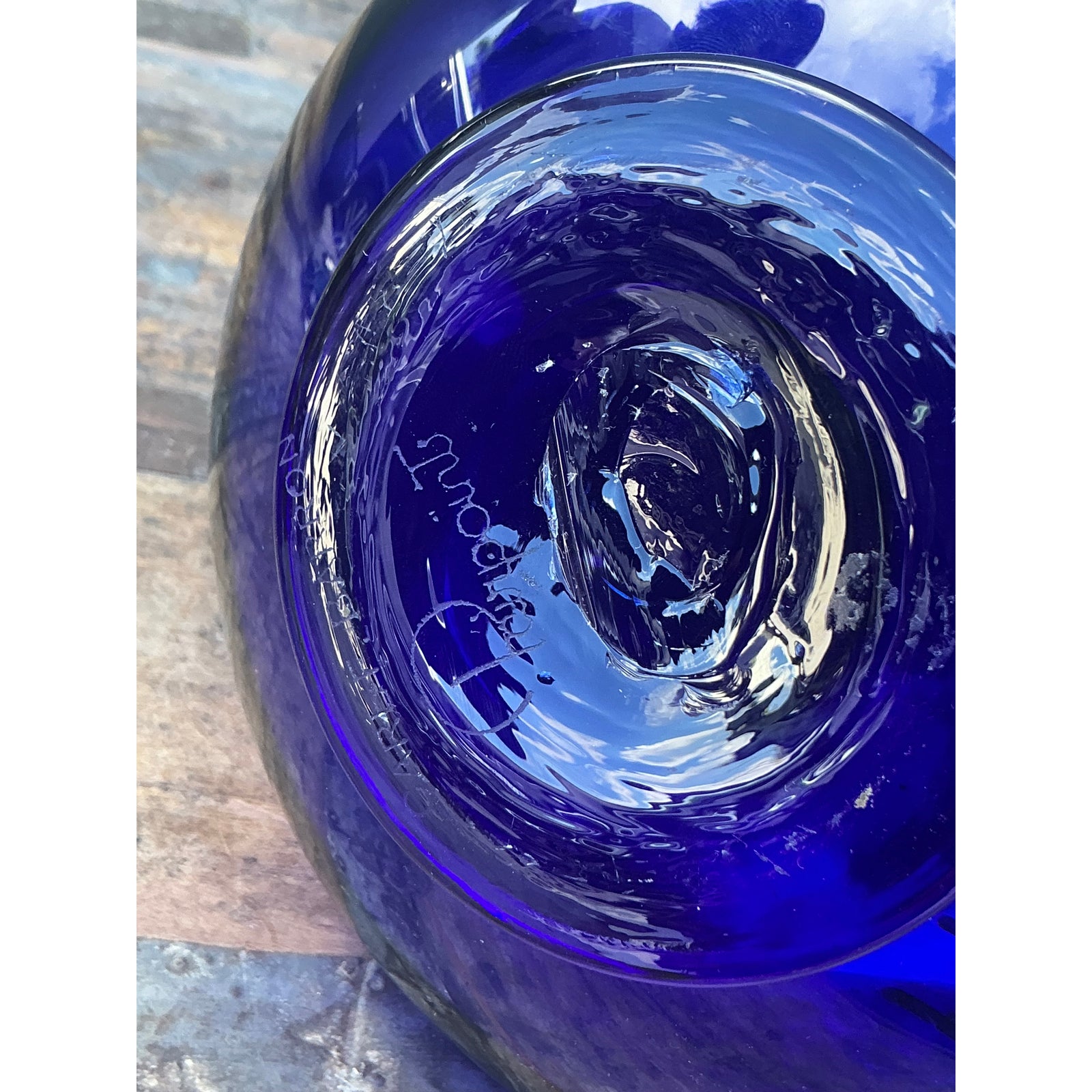 Vintage Boho Signed Blue Art Glass Pitcher - Top view