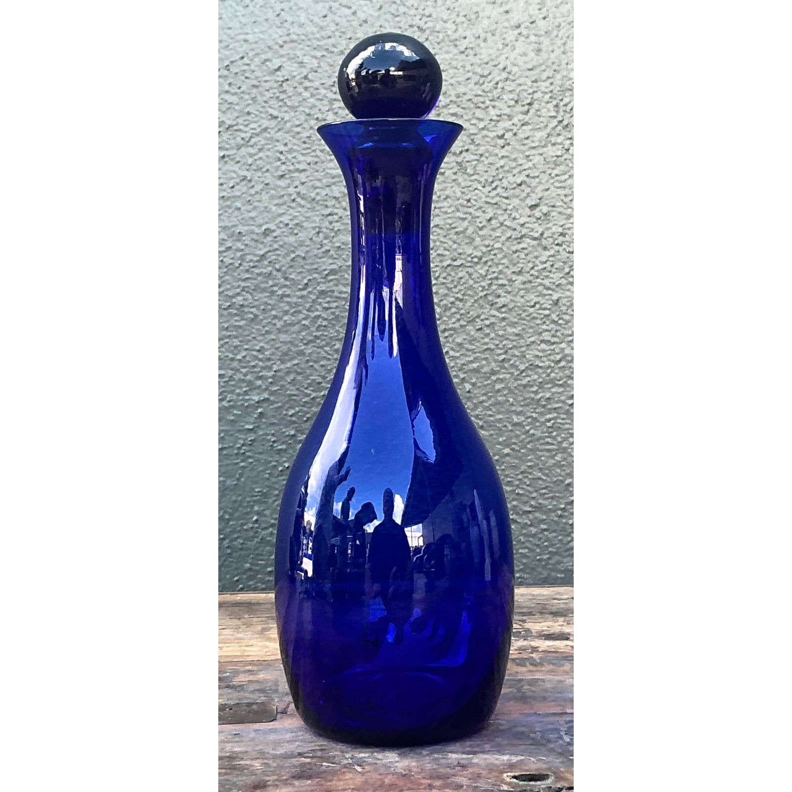 Vintage Boho Blue Art Glass Decanter - Side view