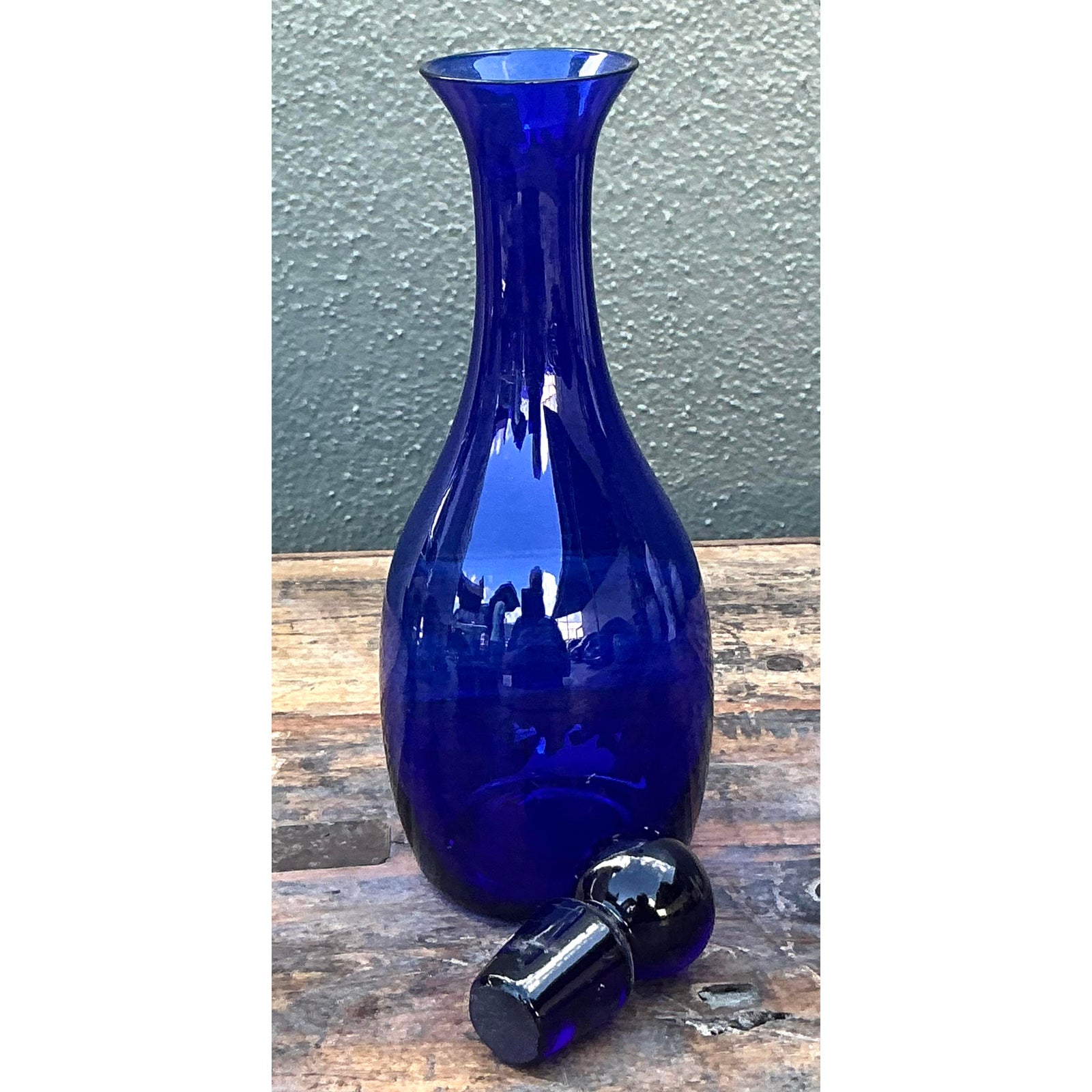 Vintage Boho Blue Art Glass Decanter - Back view