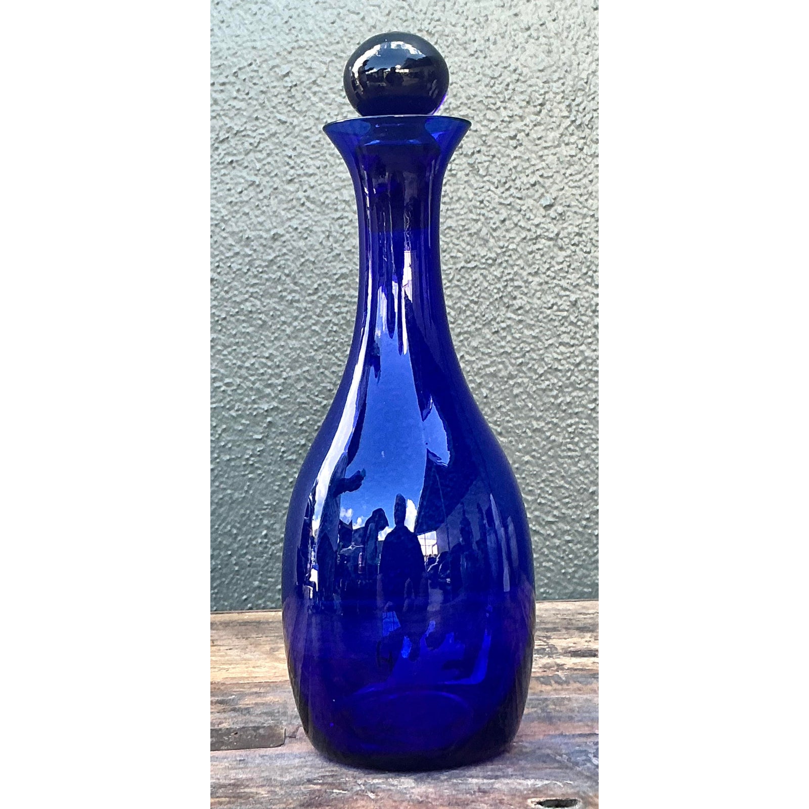 Vintage Boho Blue Art Glass Decanter - Top view