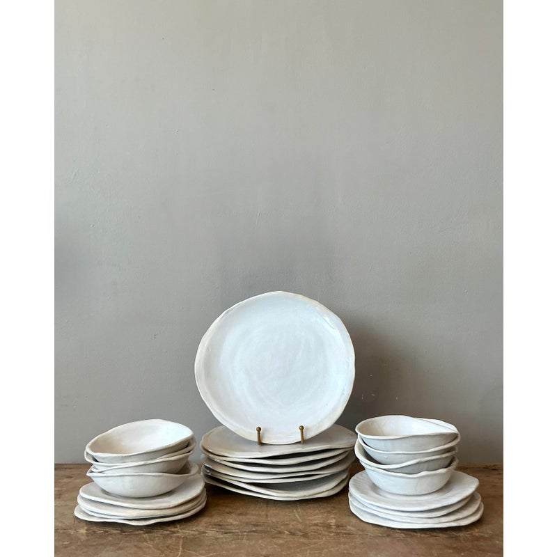 Vintage Boho Slab Built Original Studio Pottery Dinnerware Set of 24 - Back view