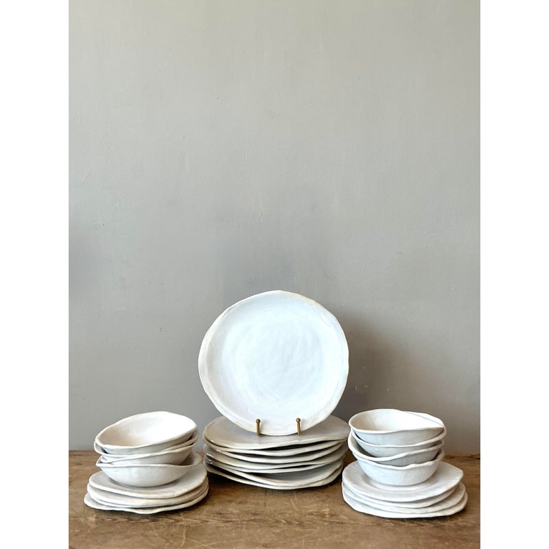 Vintage Boho Slab Built Original Studio Pottery Dinnerware Set of 24 - Top view