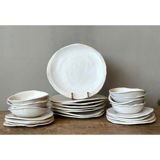 Vintage Boho Slab Built Original Studio Pottery Dinnerware Set of 24 - Side view