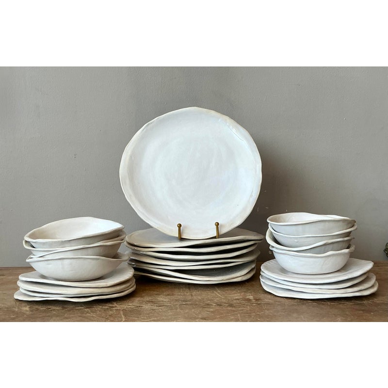 Vintage Boho Slab Built Original Studio Pottery Dinnerware Set of 24 - Detail view