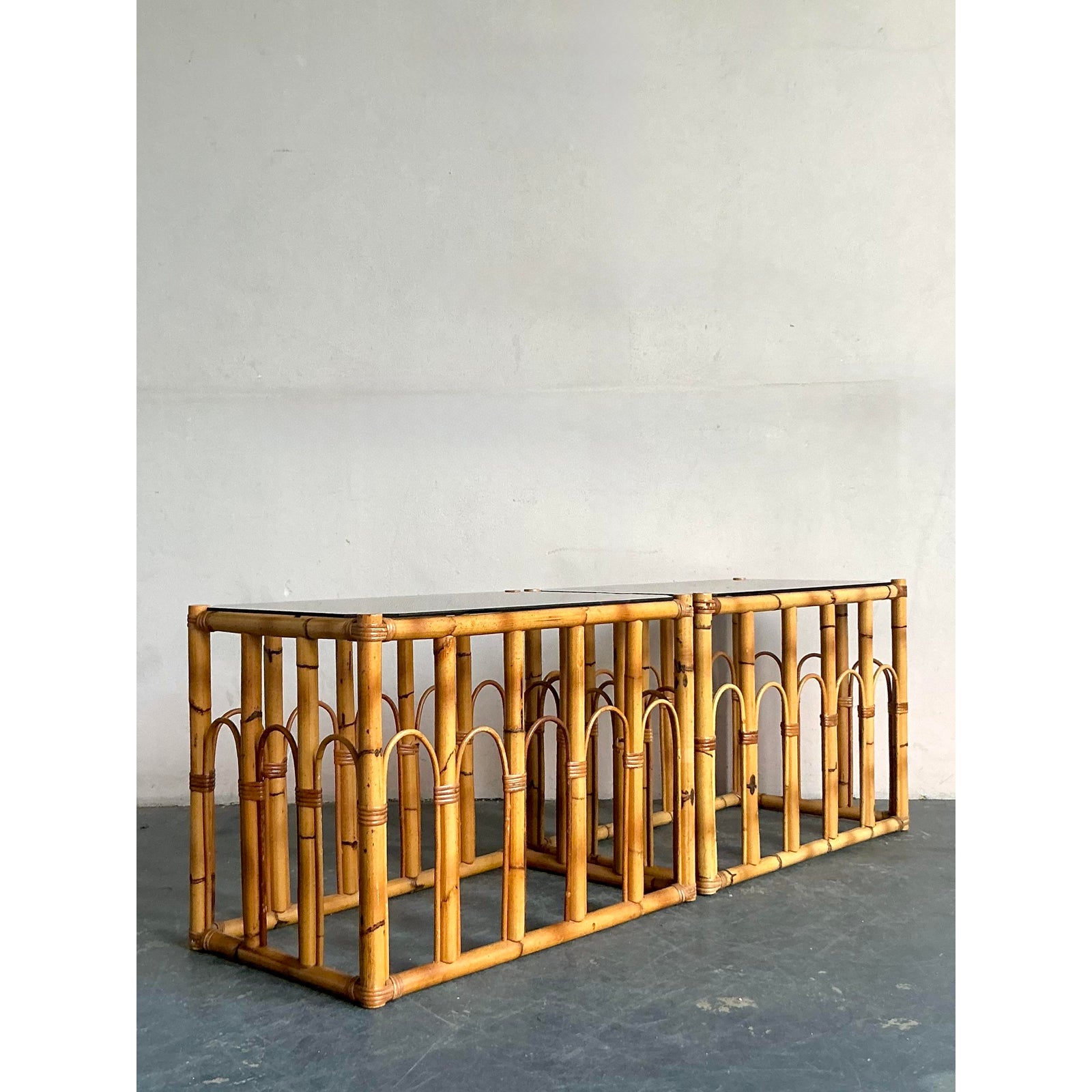 Vintage Boho Arched Rattan Side Table - Side view