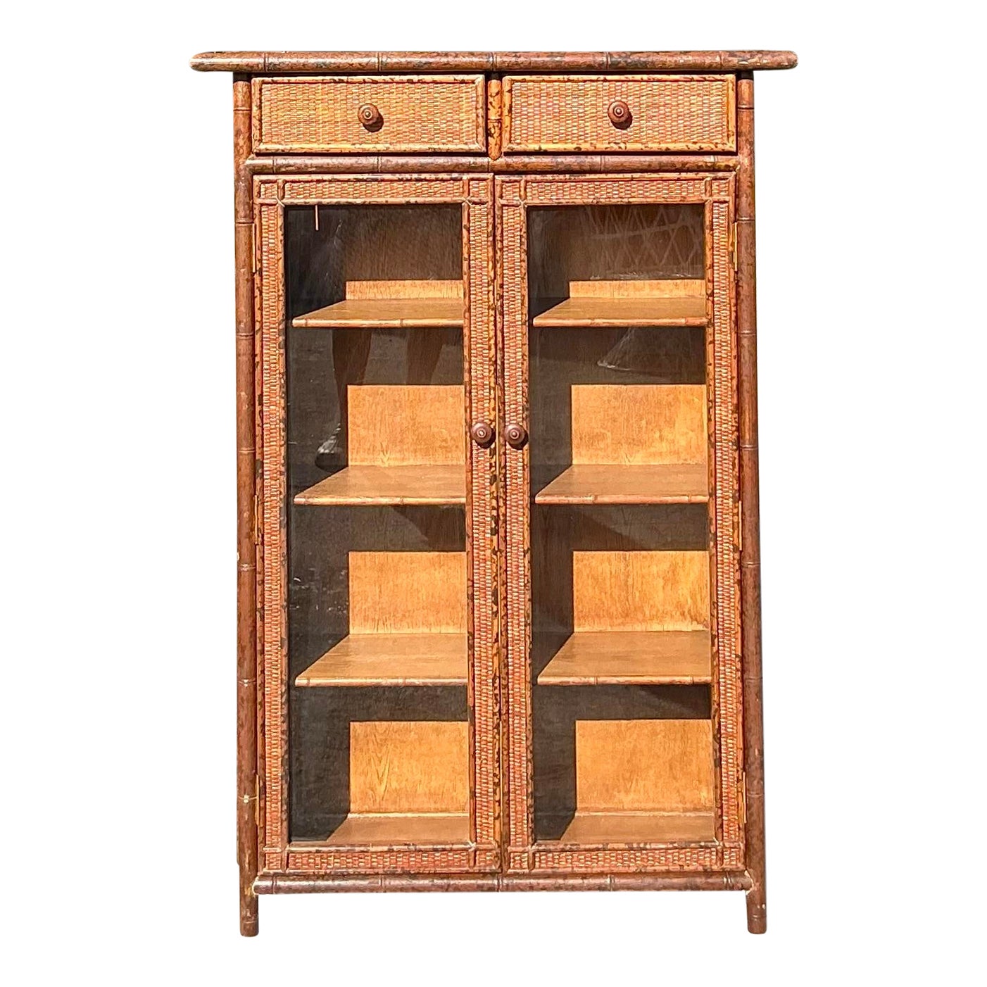 Vintage Boho Carved Bamboo Cabinet