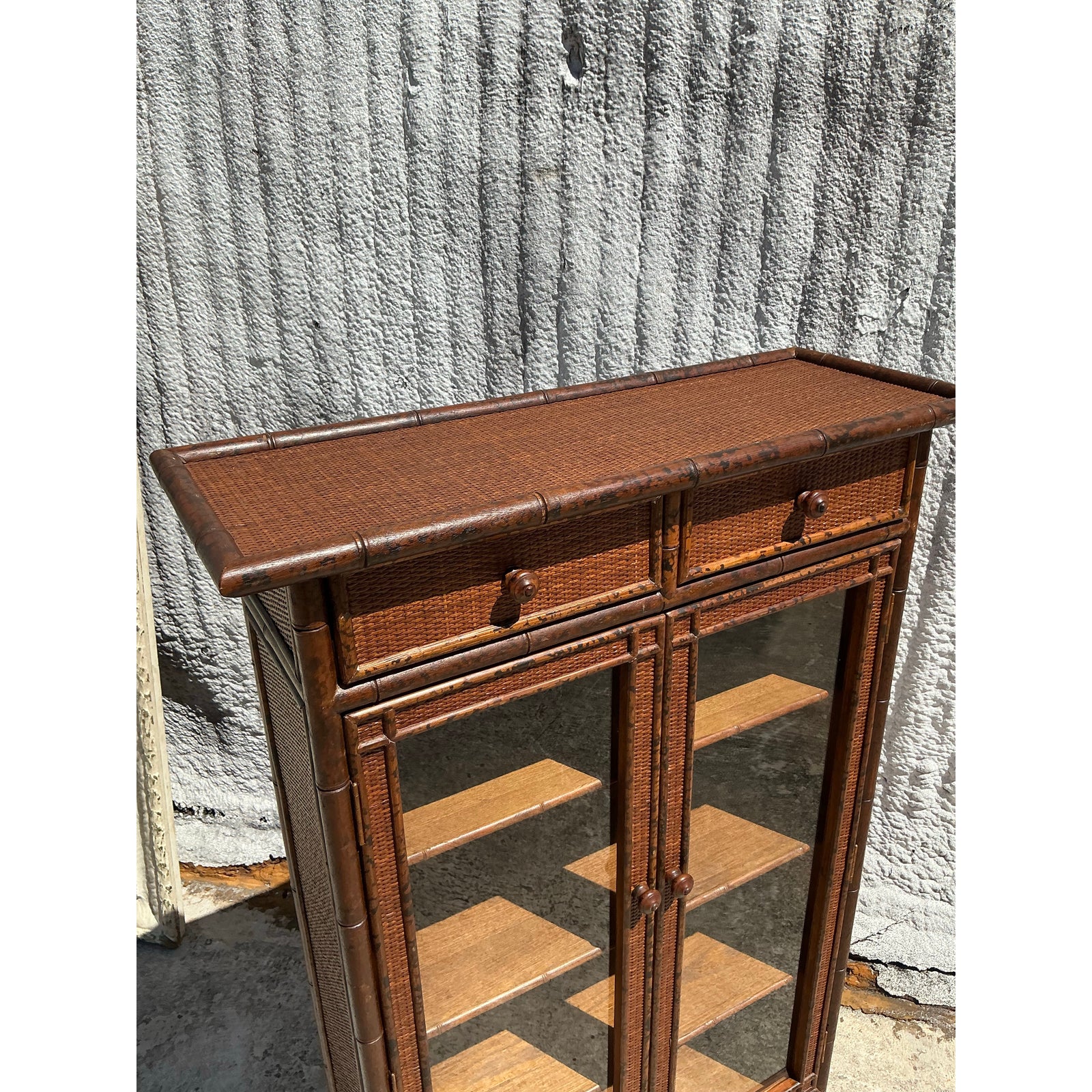 Vintage Boho Carved Bamboo Cabinet - Top view