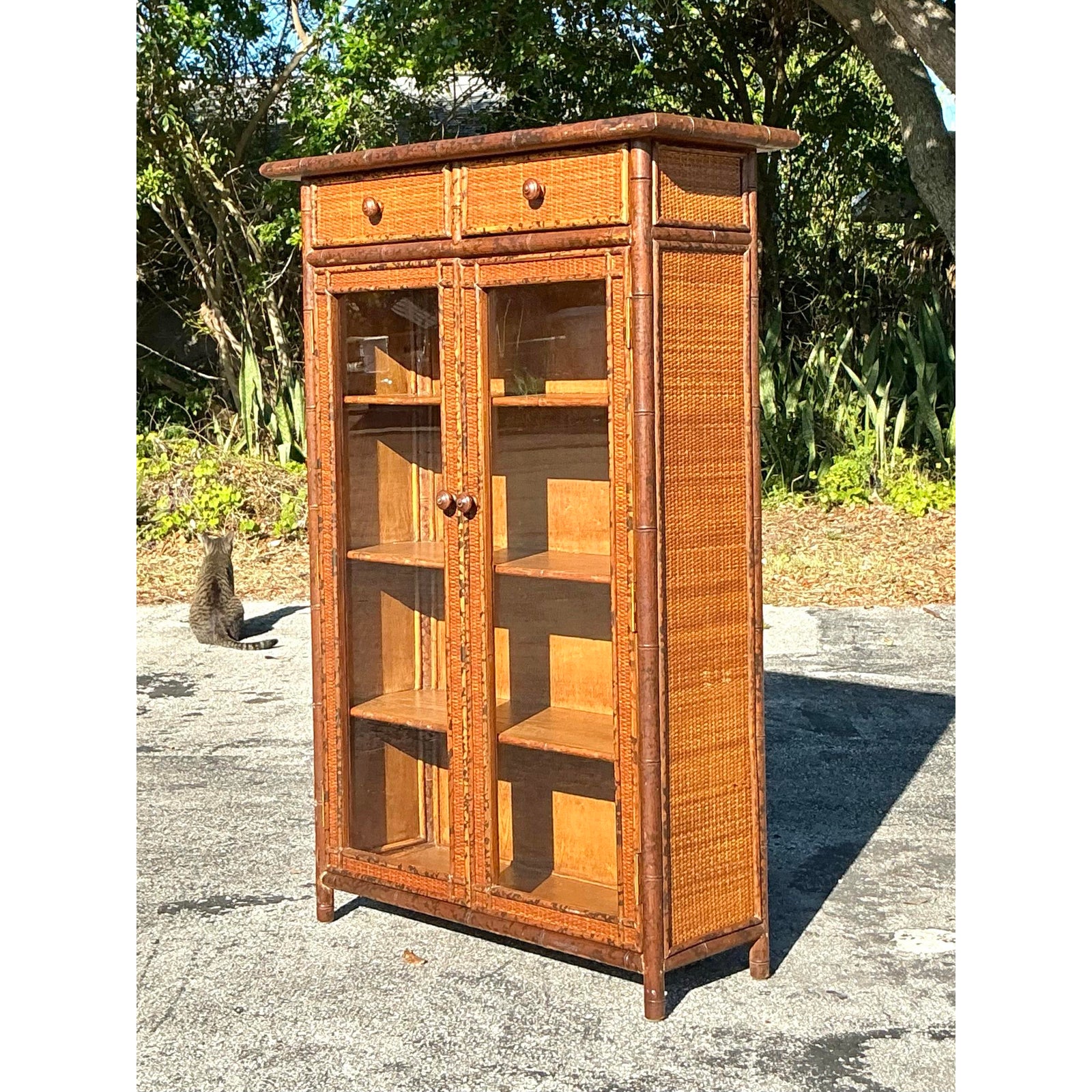 Vintage Boho Carved Bamboo Cabinet - Side view