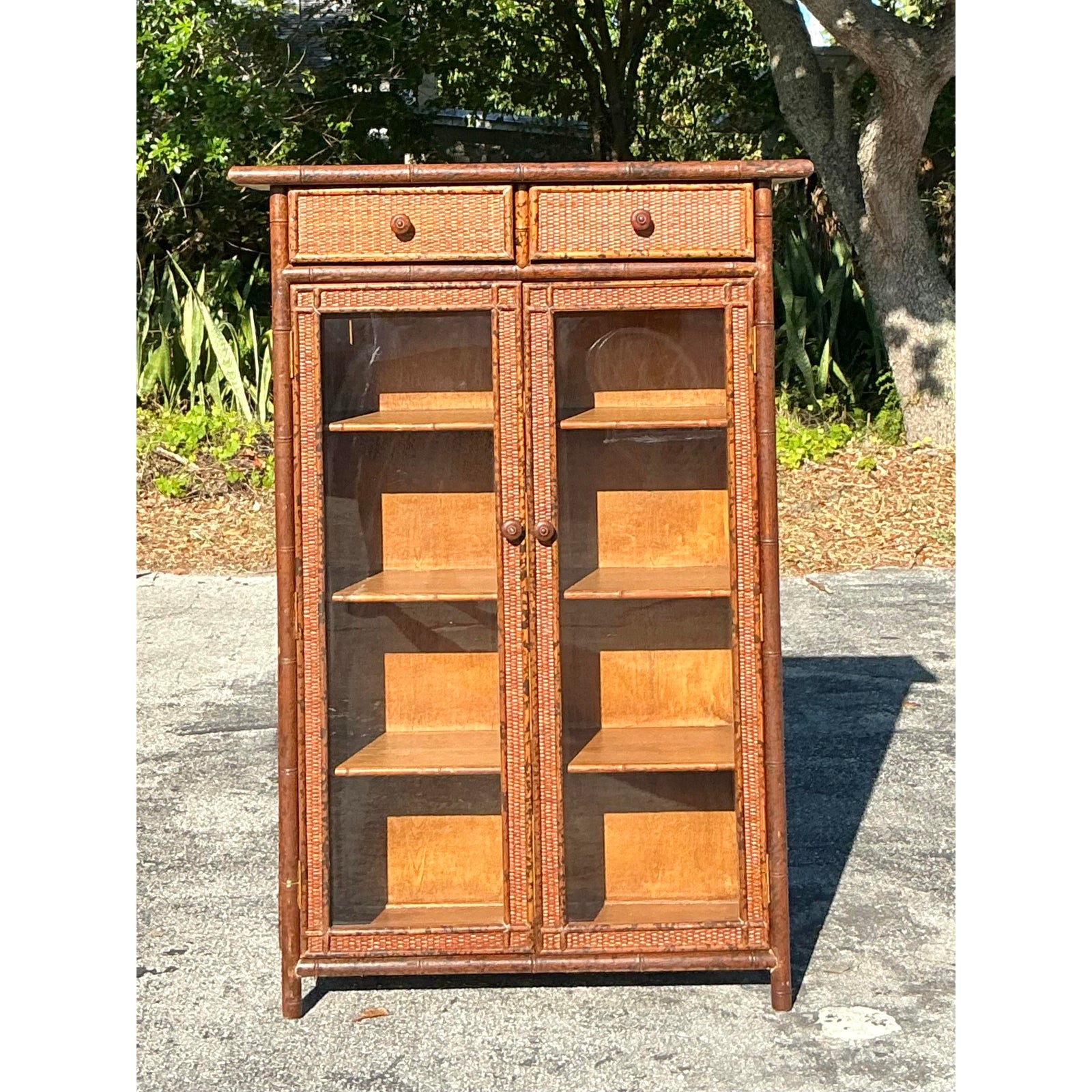 Vintage Boho Carved Bamboo Cabinet - Detail view