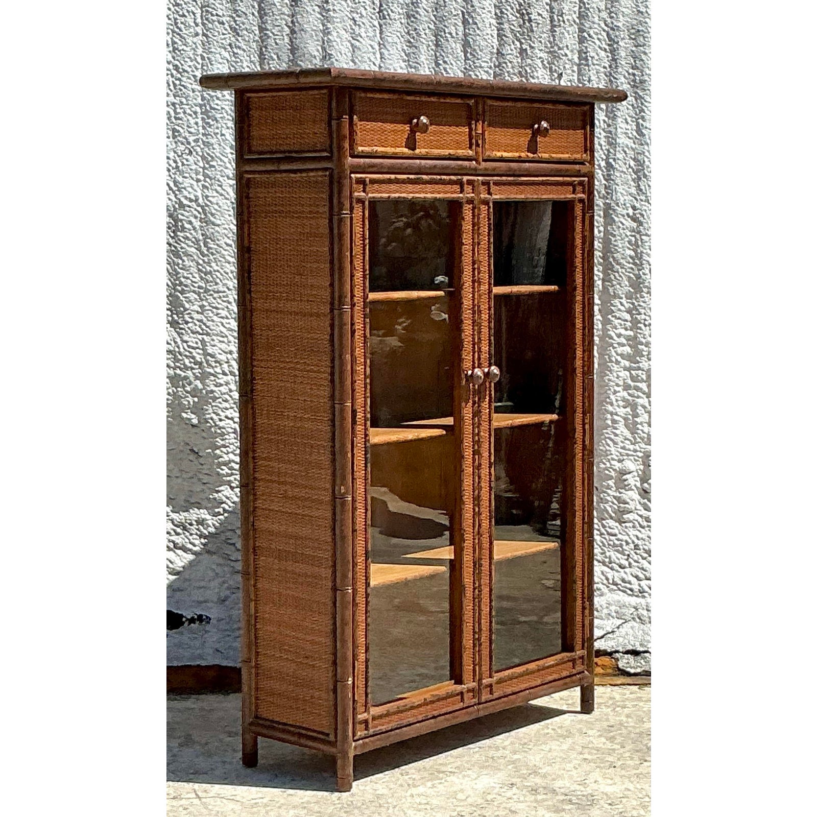 Vintage Boho Carved Bamboo Cabinet - Back view