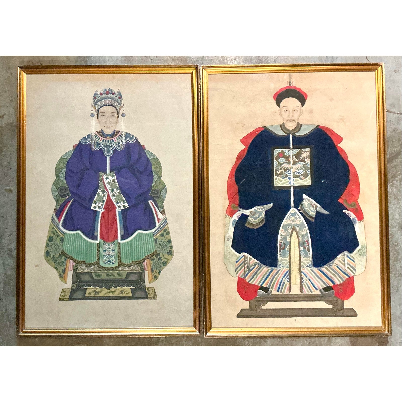 Vintage Boho 19th Century Ancestor Portraits - Set of 2 - Side view