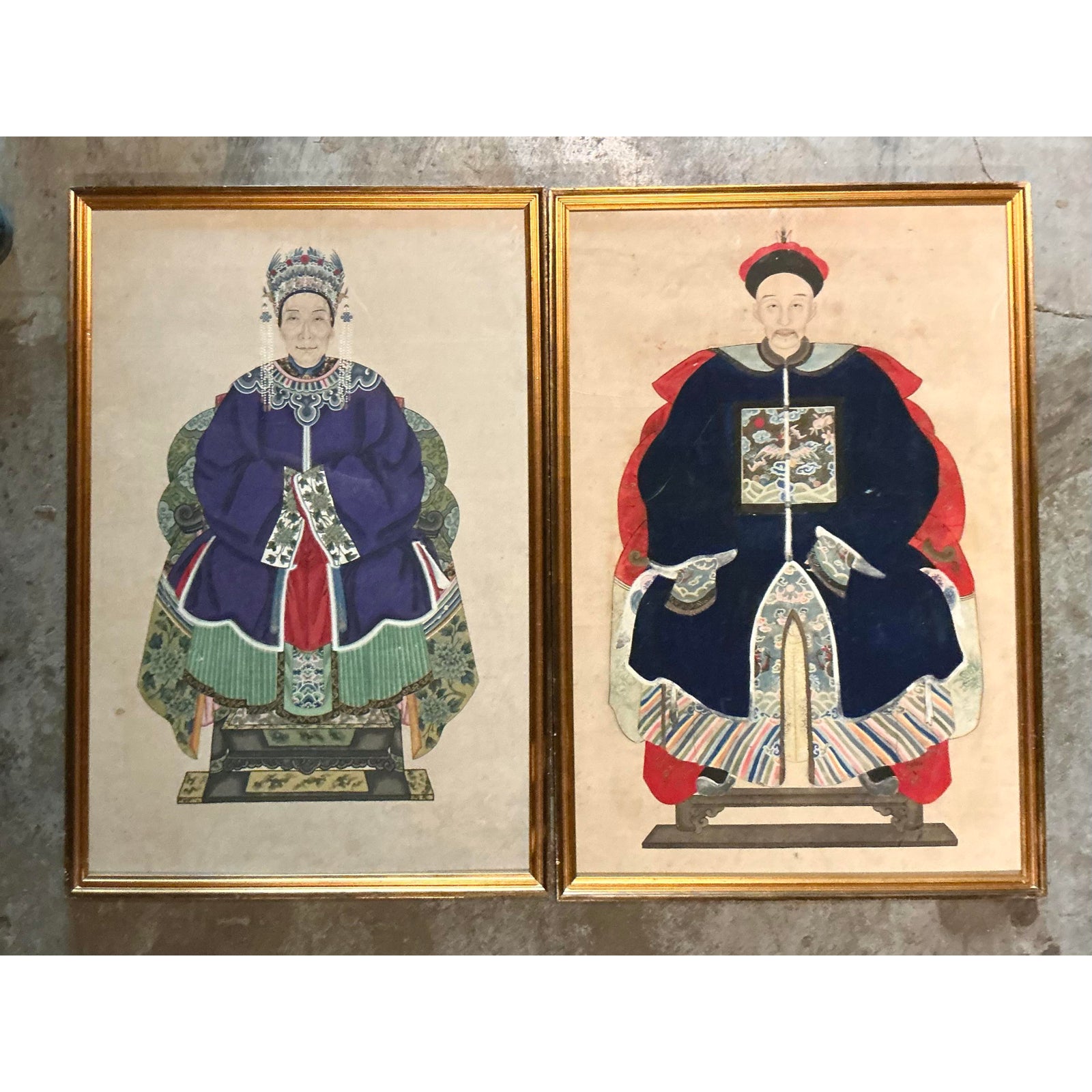 Vintage Boho 19th Century Ancestor Portraits - Set of 2 - Top view