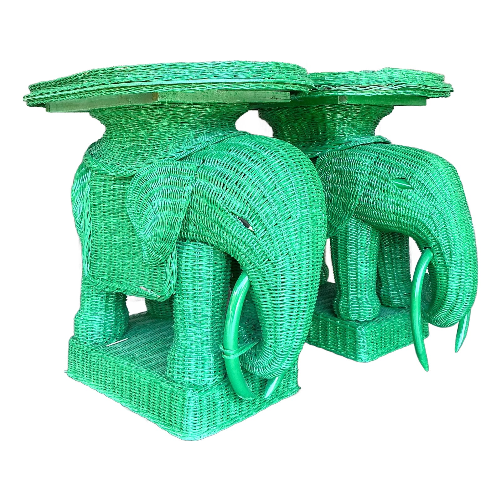Vintage Coastal Woven Rattan Elephant Side Tables - A Pair