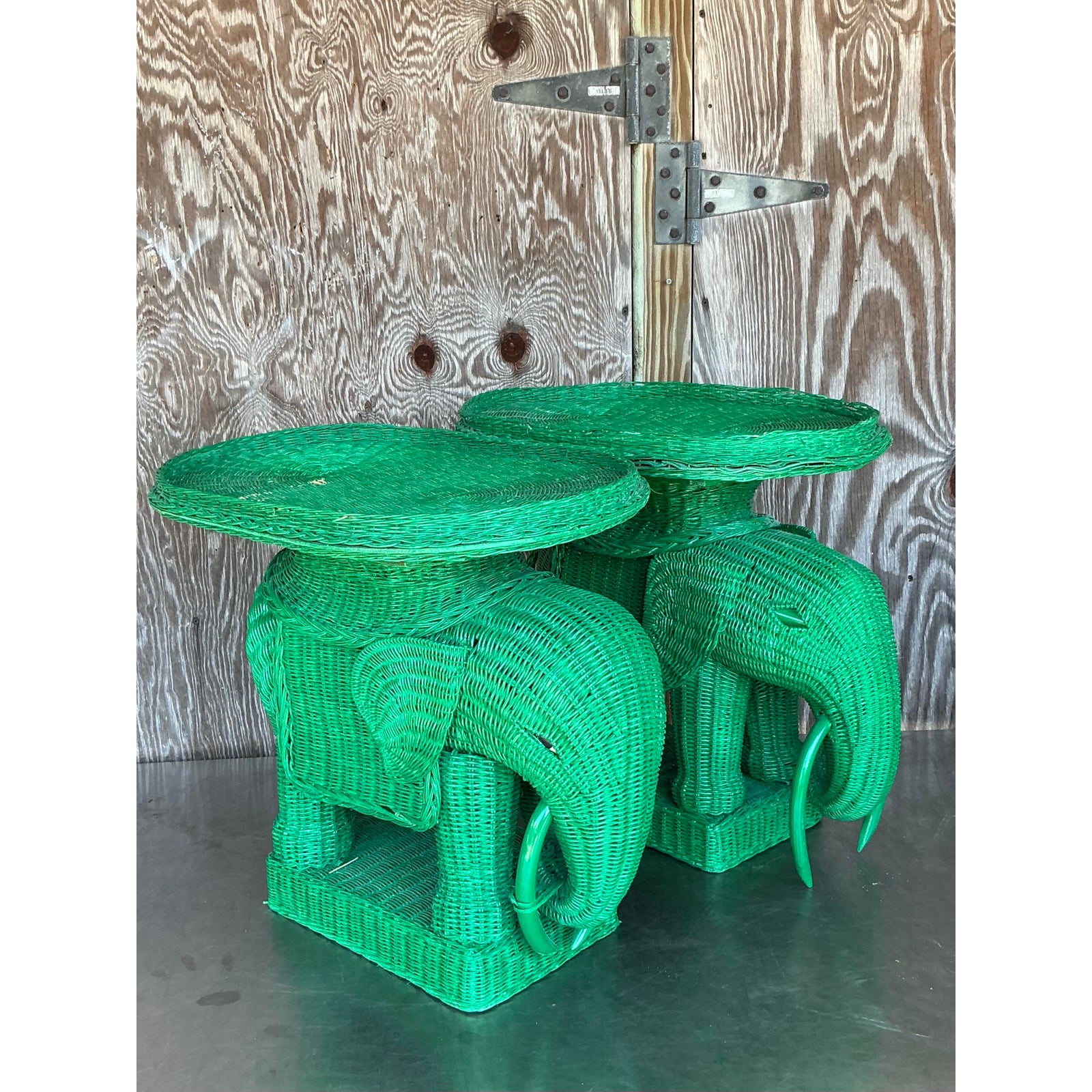Vintage Coastal Woven Rattan Elephant Side Tables - A Pair - Side view
