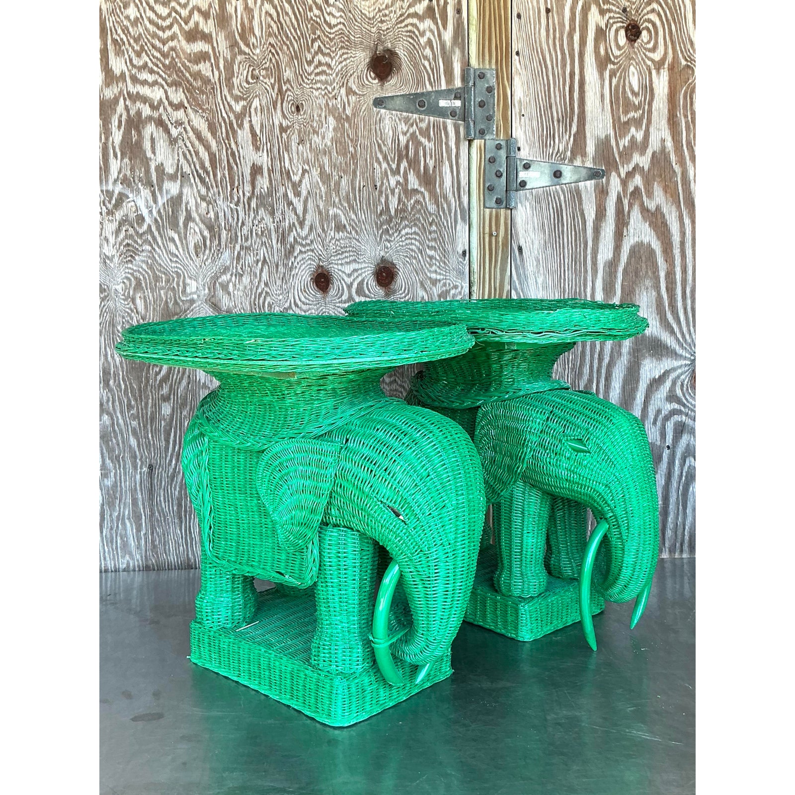 Vintage Coastal Woven Rattan Elephant Side Tables - A Pair - Top view