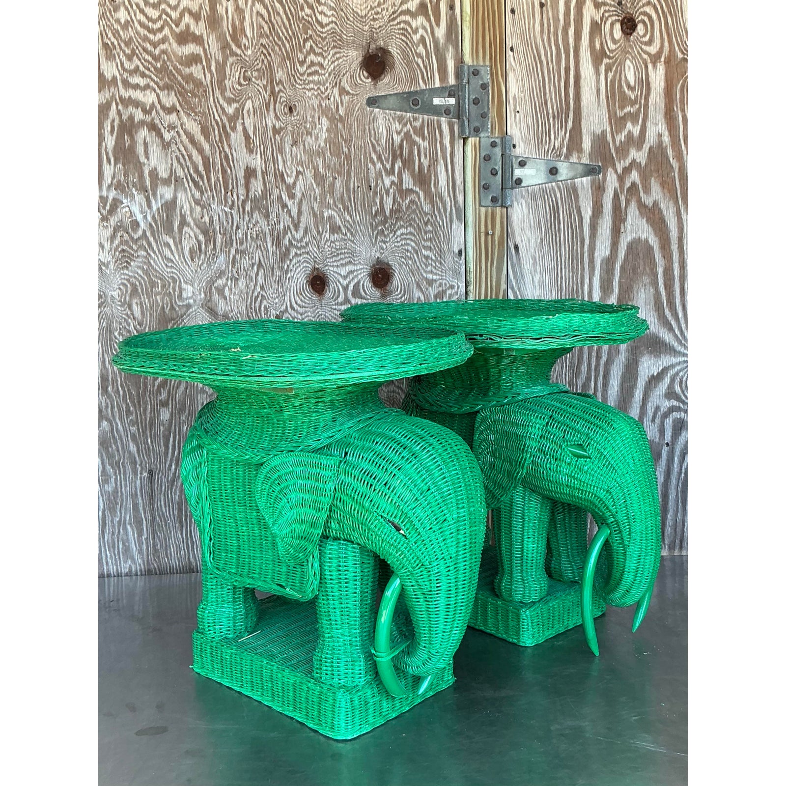 Vintage Coastal Woven Rattan Elephant Side Tables - A Pair - Back view