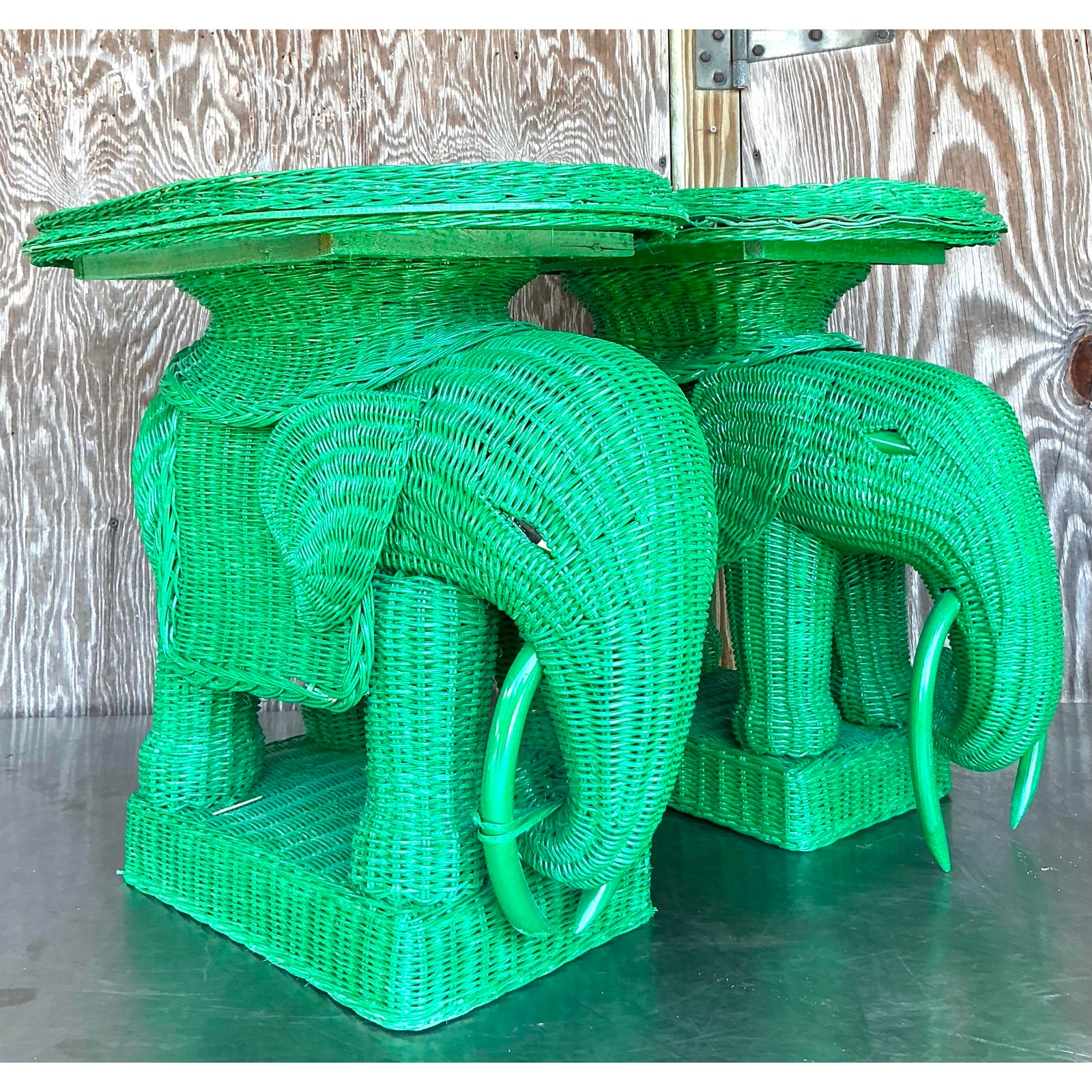 Vintage Coastal Woven Rattan Elephant Side Tables - A Pair - Detail view