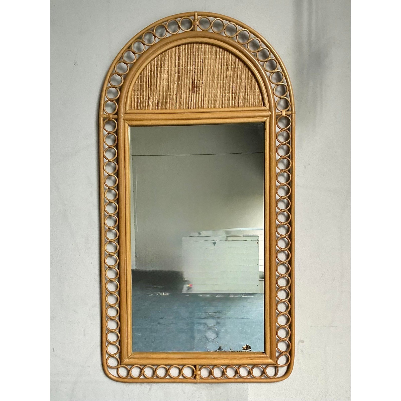 Vintage Boho Arched Rattan Rings Mirror - Back view