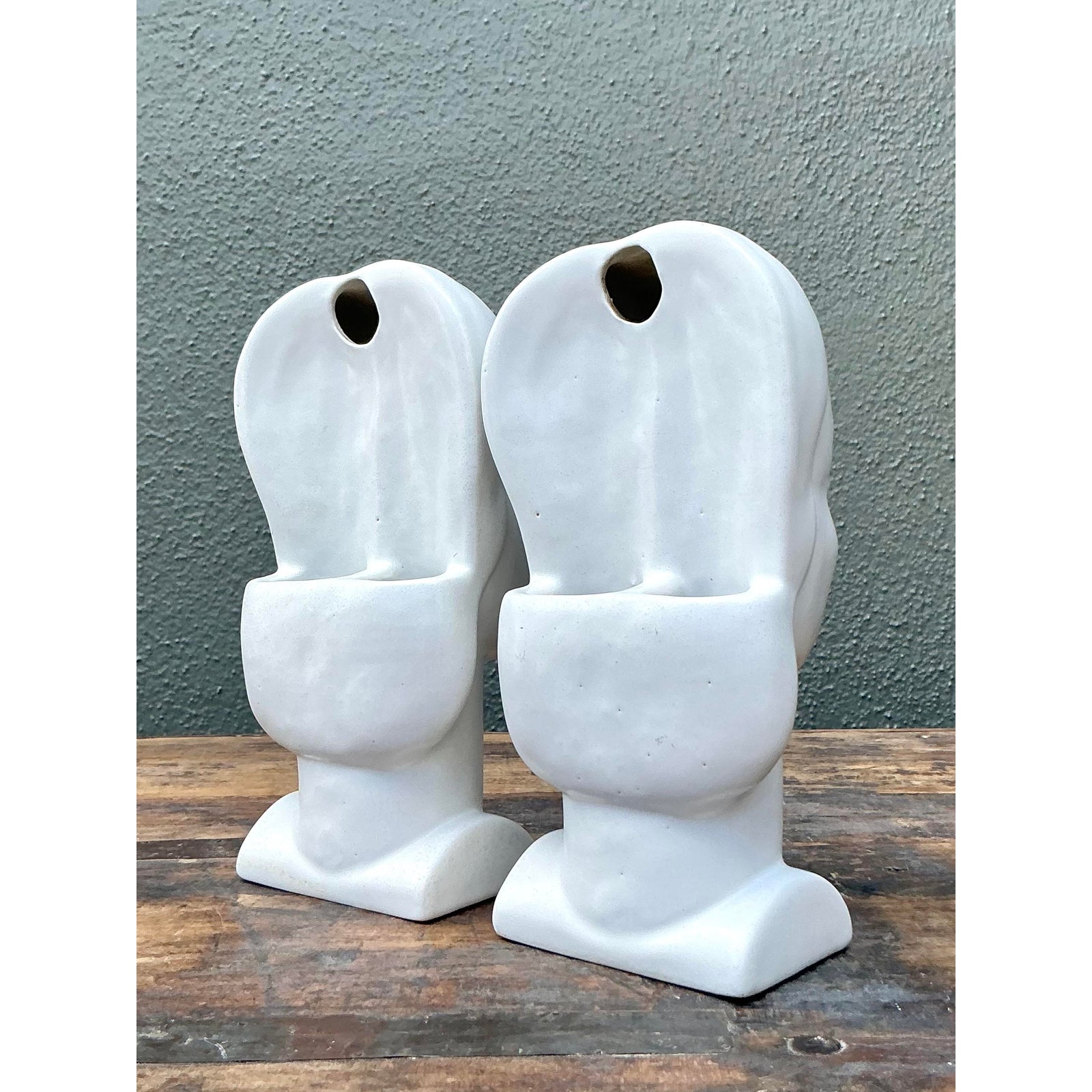 Vintage MCM Glazed Ceramic Wall Pockets. - Set of 2 - Side view