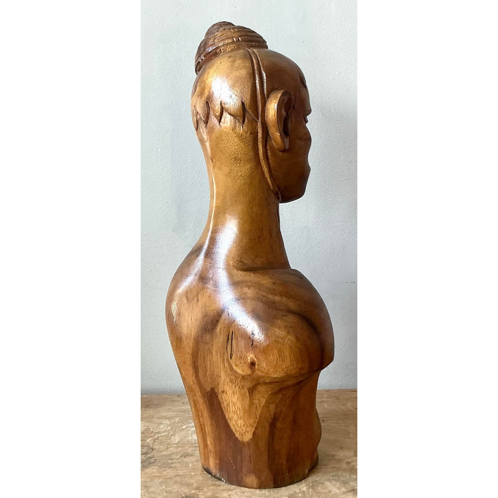 Vintage Boho Carved Wooden Bust of Woman - Detail view