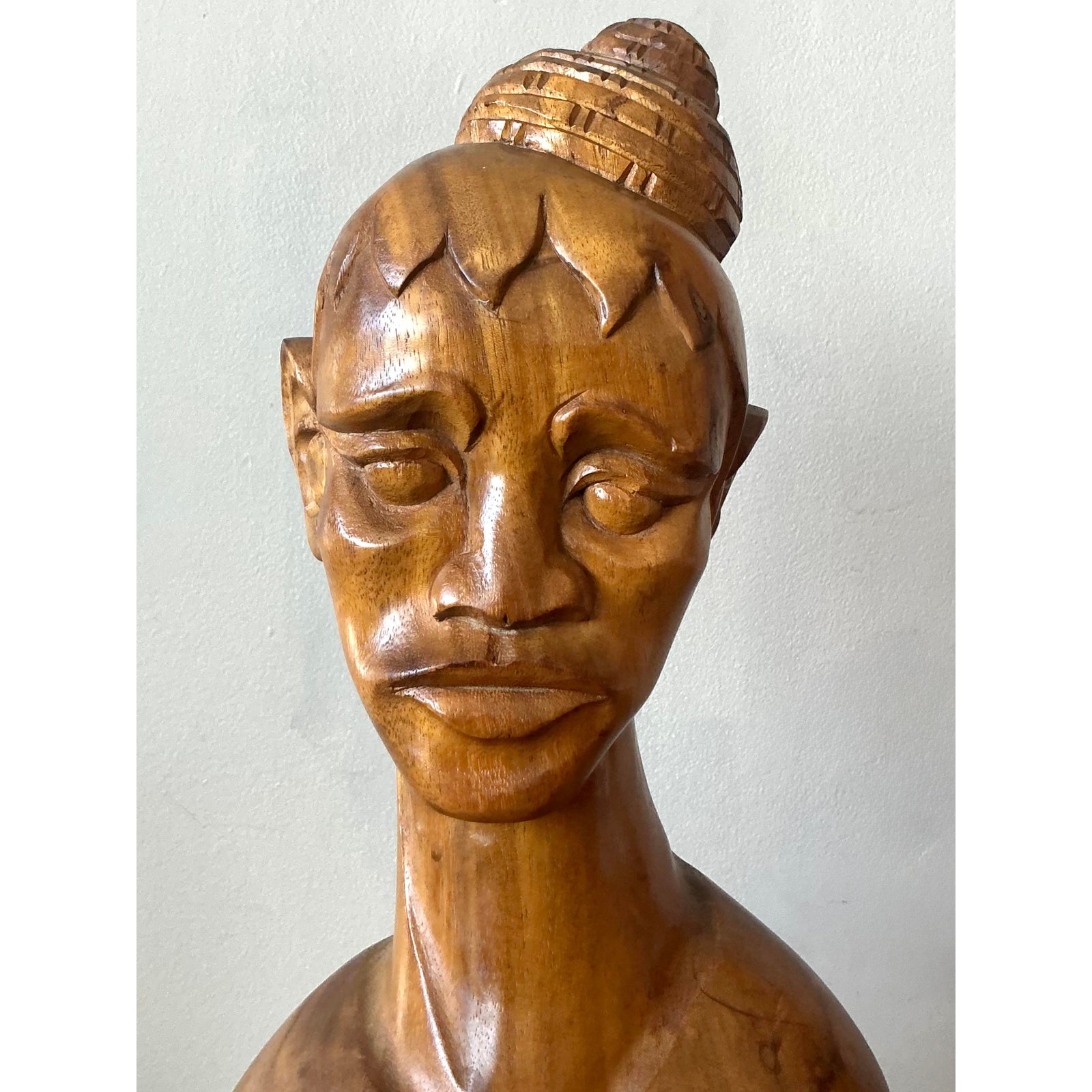 Vintage Boho Carved Wooden Bust of Woman - Side view