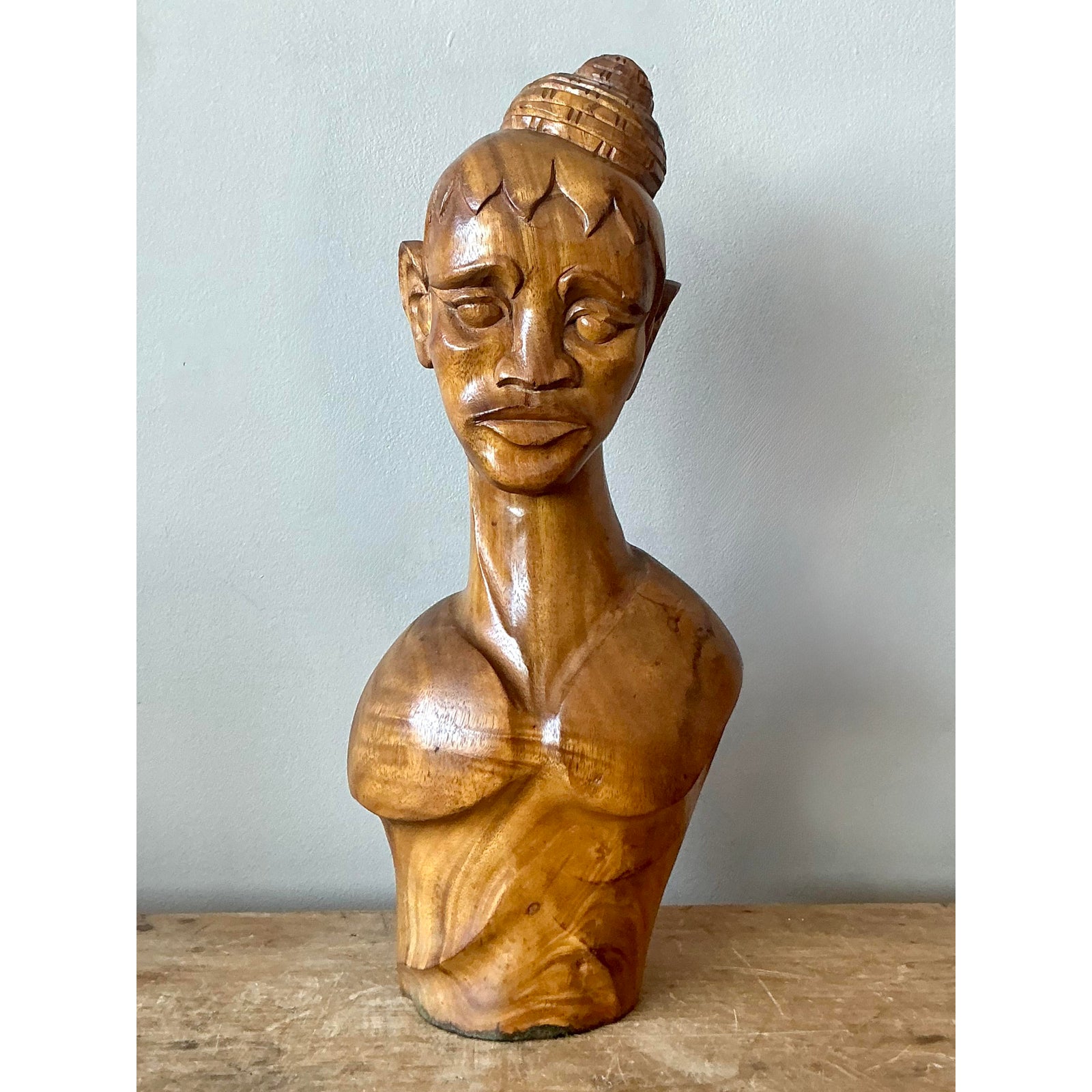 Vintage Boho Carved Wooden Bust of Woman - Back view