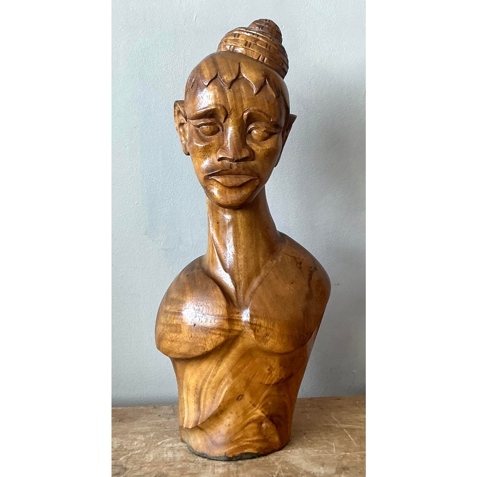Vintage Boho Carved Wooden Bust of Woman - Top view