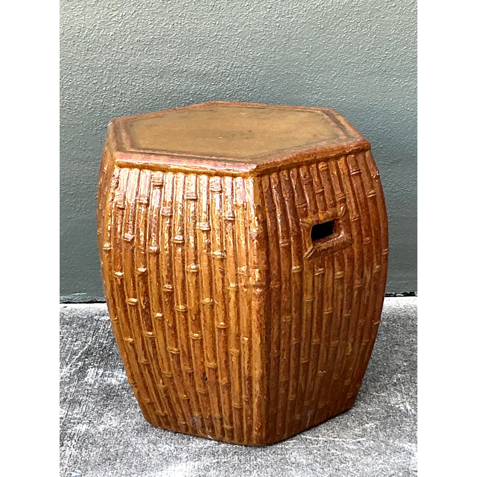Vintage Boho Bamboo Glazed Ceramic Low Stool - Detail view