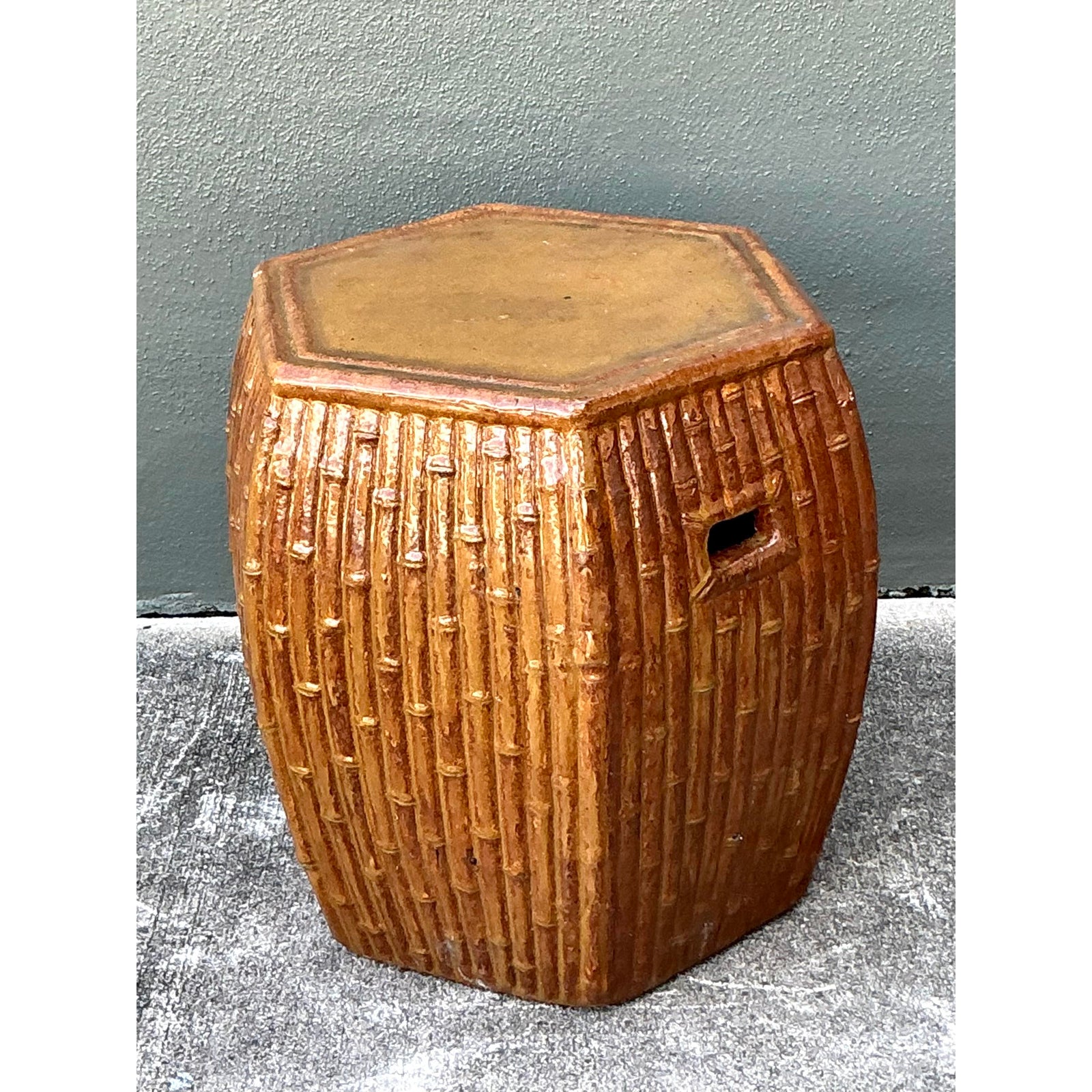 Vintage Boho Bamboo Glazed Ceramic Low Stool - Back view