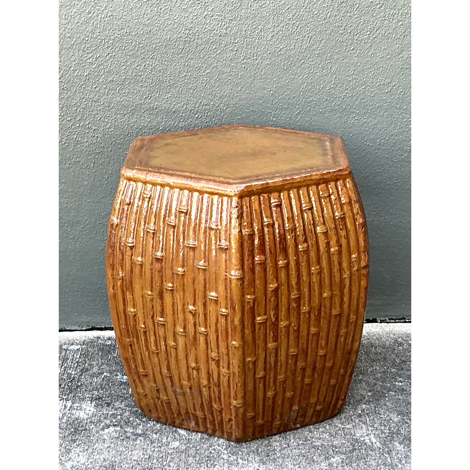Vintage Boho Bamboo Glazed Ceramic Low Stool - Top view