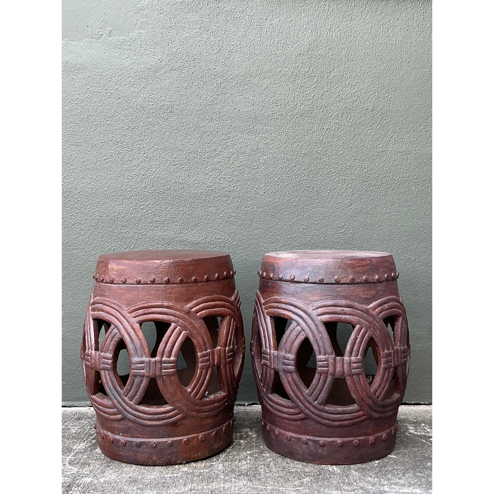 Vintage Boho Glazed Ceramic Rings Low Stools - A Pair - Detail view