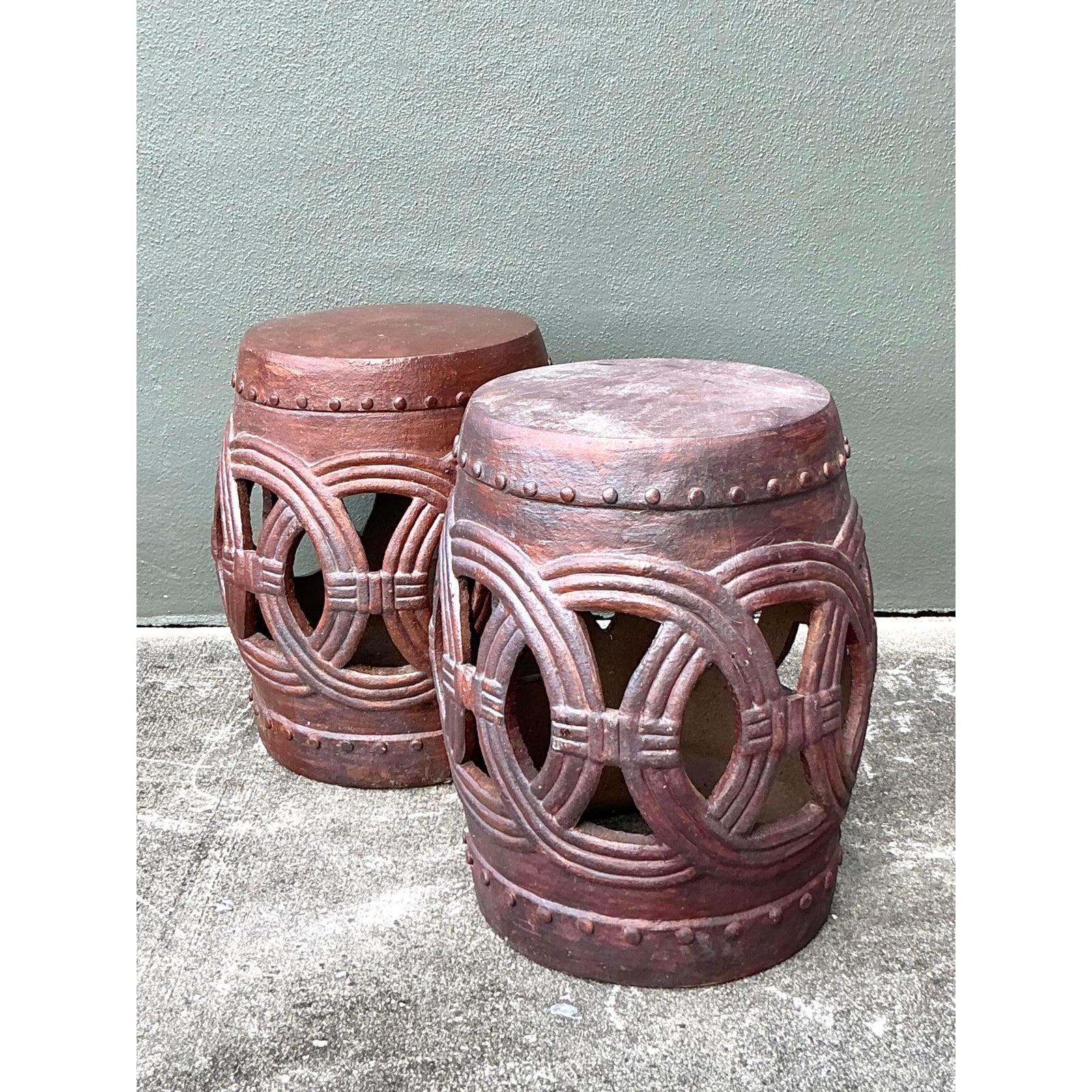 Vintage Boho Glazed Ceramic Rings Low Stools - A Pair - Side view