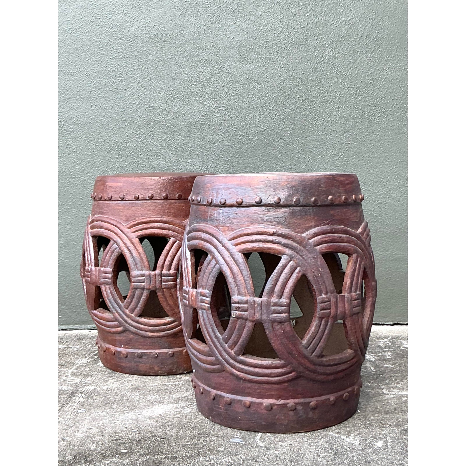 Vintage Boho Glazed Ceramic Rings Low Stools - A Pair - Top view