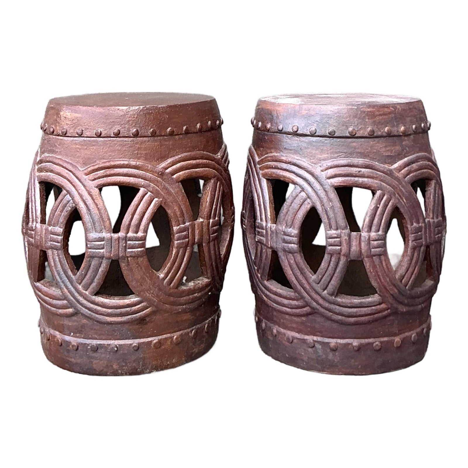 Vintage Boho Glazed Ceramic Rings Low Stools - A Pair