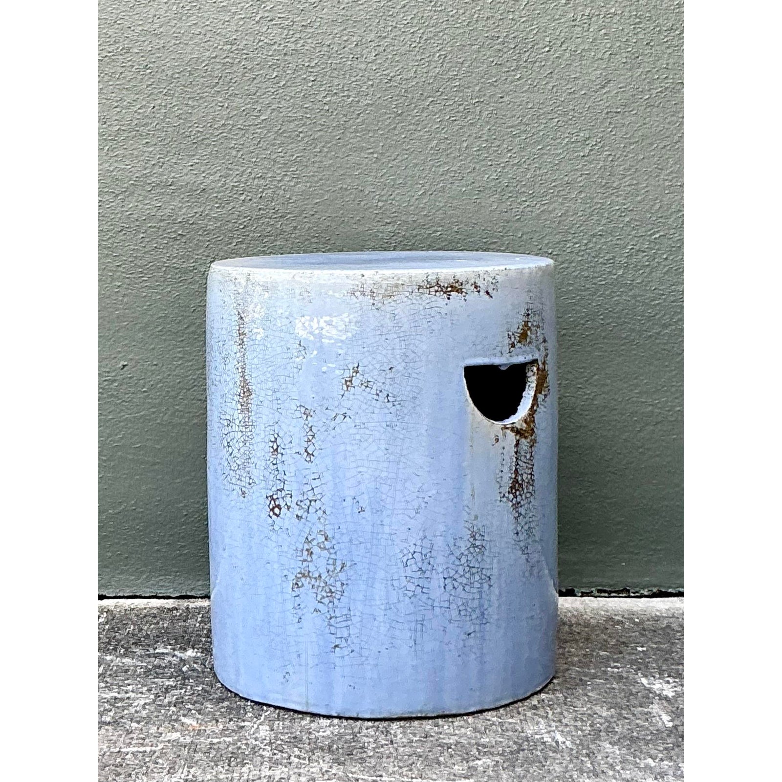 Vintage Boho Crackle Glaze Low Stool - Back view